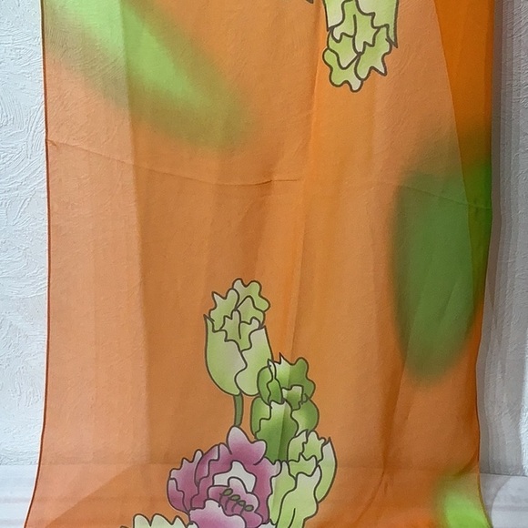 Boutique NEW - floral pattern transparent lightweight scarf in a bold orange - Picture 3 of 6
